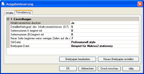 Ausgabesteuerung Formatierung