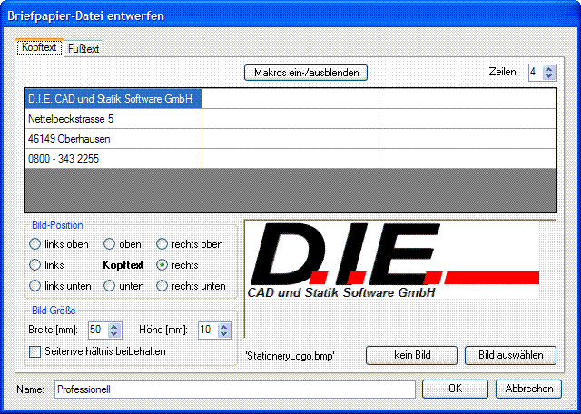 Briefpapiereditor D I E Statik Software