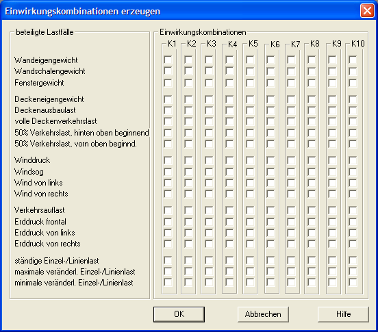 Einwirkungskombination erzeugen